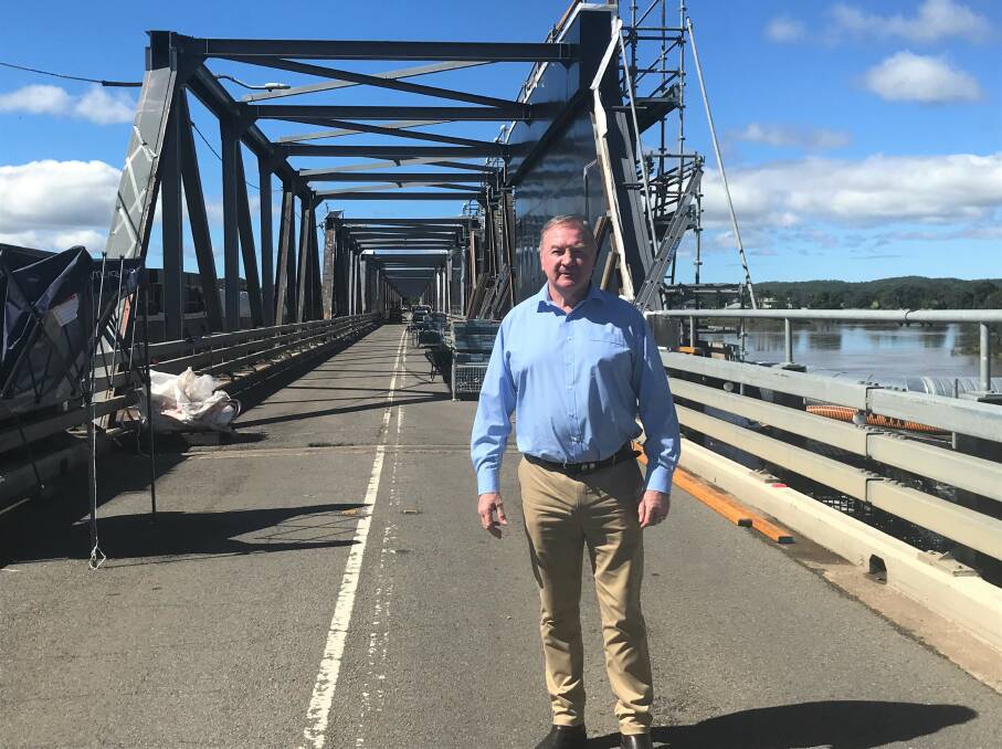 Member for Myall Lakes Stephen Bromhead surveyed the damage to the Martin Bridge on Wednesday. 