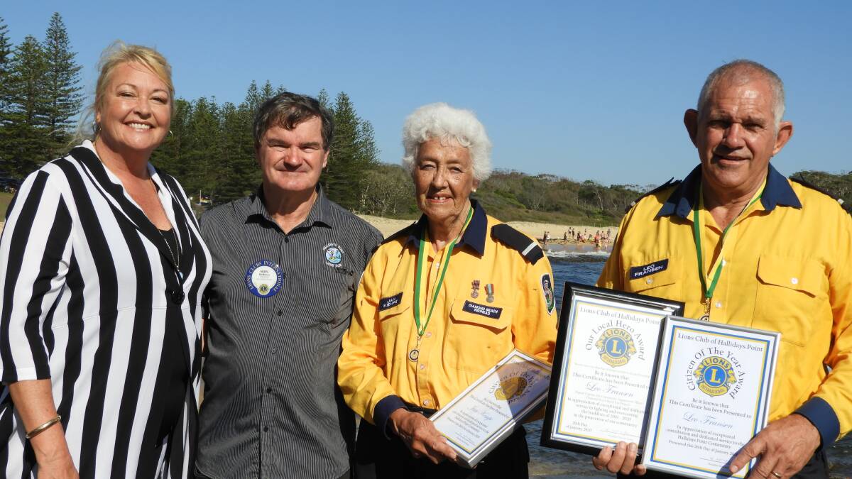 Hallidays Point Citizens of the Year recipients Jan Kempe and Leo Fransen with ambassador Francina Mills and Hallidays Point Lions Club president Noel McManus. Photo: Ray Piper.