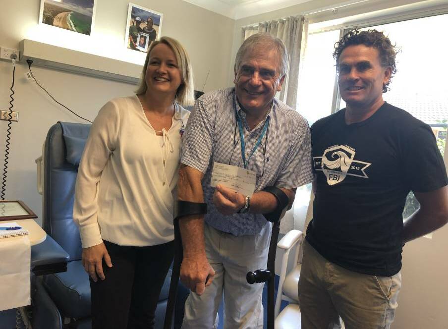 Forster Private Hospital CEO, Deanne Portelli, Cape Hawke Community Hospital and Health Association chairman, Roger Lynch received a donation from Forster Tuncurry Boardriders club president Darren McDonagh following the 2018 event.