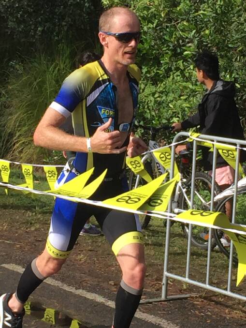 Dave Fitzhardinge, pictured competing in a triathlon in Port Stephens in 2017, finished fifth in the inter-club event between Forster and Port Macquarie triathlon clubs. 