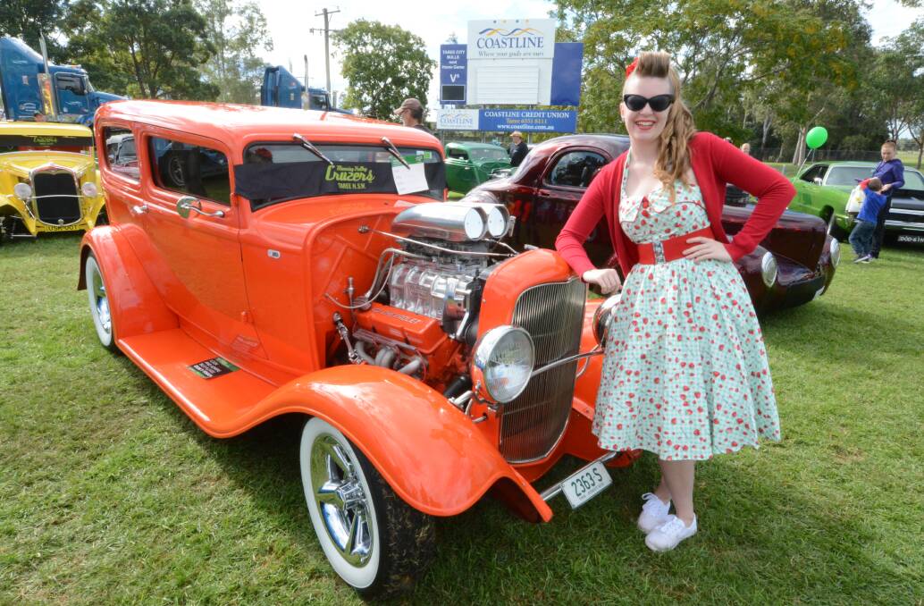 Vintage cars: Ami-Lee Kinnear with a 1932 Ford Tudor. Vintage vehicles will be on display at Bunnings Warehouse on Saturday and Jack Neal Oval on Sunday. Photo: Scott Calvin. 