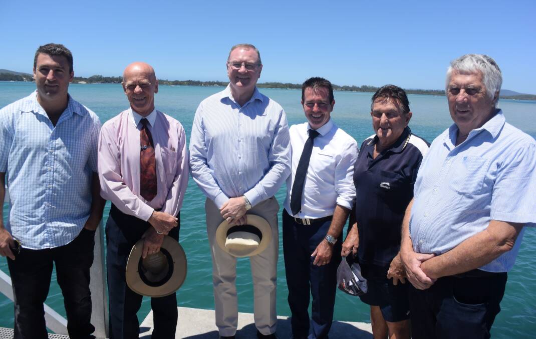 Crownland's Dave Hopper, MidCoast Council mayor David West, Member for Myall Lakes Stephen Bromhead, State Forestry and Lands Minister Paul Toole, Graham Barclay and Bob Wilson at the funding announcement.