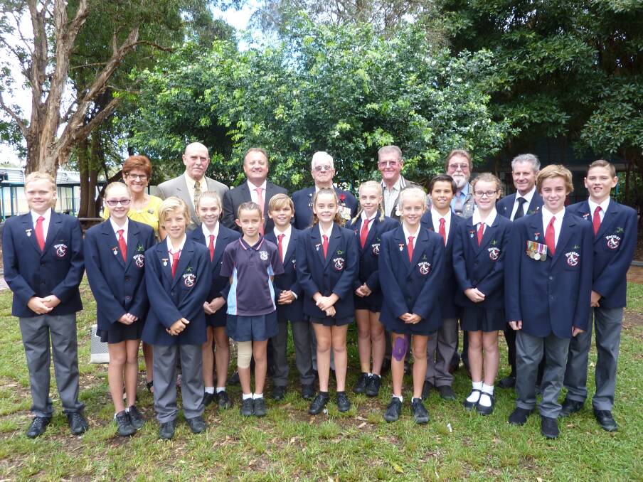 Forster Public School commemorative service participants with Forster Public School councillors, student and speaker Aimee Kempers, school principal Rick Clissold,  organising teacher Ms Egan and special guests Padre Daryll Moran, Terry O'Donnell, Mr Hall, Mr Grech and Nerida Ingram.