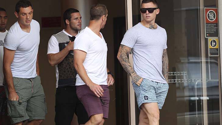 Crisis meeting:  (from left) Ricky Leutele, Johnathan Wright, Michael Gordon, Jeff Robson and Todd Carney leave a gathering of Sharks players at the Rydges Hotel in Cronulla yesterday. Photo: John Veage