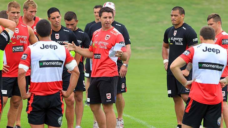 Calm before the Storm: St George Illawarra coach Steve Price talks to his players during training at WIN Stadium. Photo: Orlando Chiodo