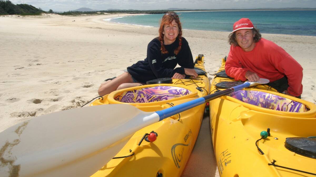 THROWBACK THURSDAY: Bev Hadgraft and John Worrell during their kayak stopover in Forster. The pair were raising awareness about ovarian cancer.