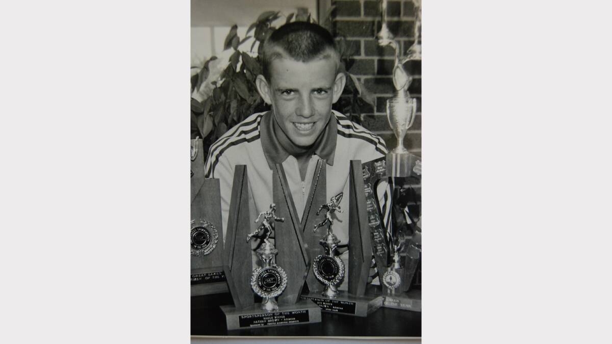 SPORTS STARS: Talented athlete Nathan Brown was the 1987 Great Lakes sportsperson of the year. He is pictured at an awards presentation at the Forster-Tuncurry Memorial Services Club. Nathan won four golds in 1987 for Little Athletics Country and State Championships and placed fifth in the Australian Cross Country Championships.  